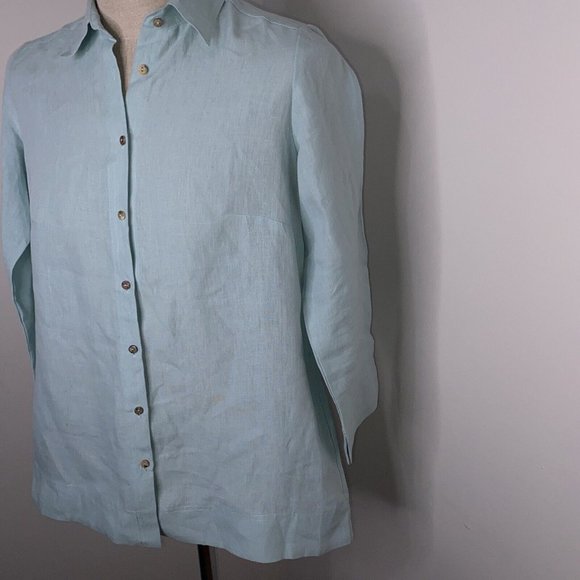 I Linen Women Shirt Green Top Button Down M Tunic 3/4" sleeve Lifestyle Pockets - Picture 2 of 6